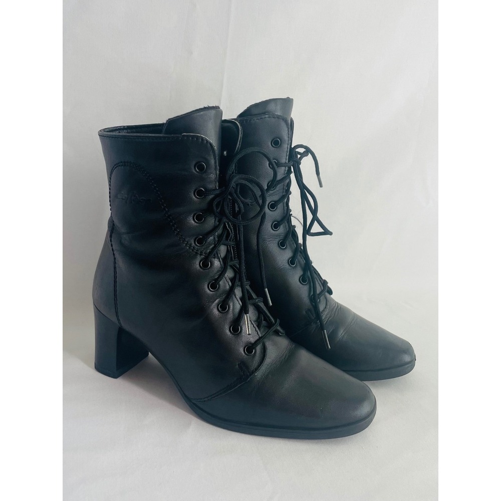 College Black Leather Lace Up Ankle Boots Side Zip Canada 5.5 B Victorian